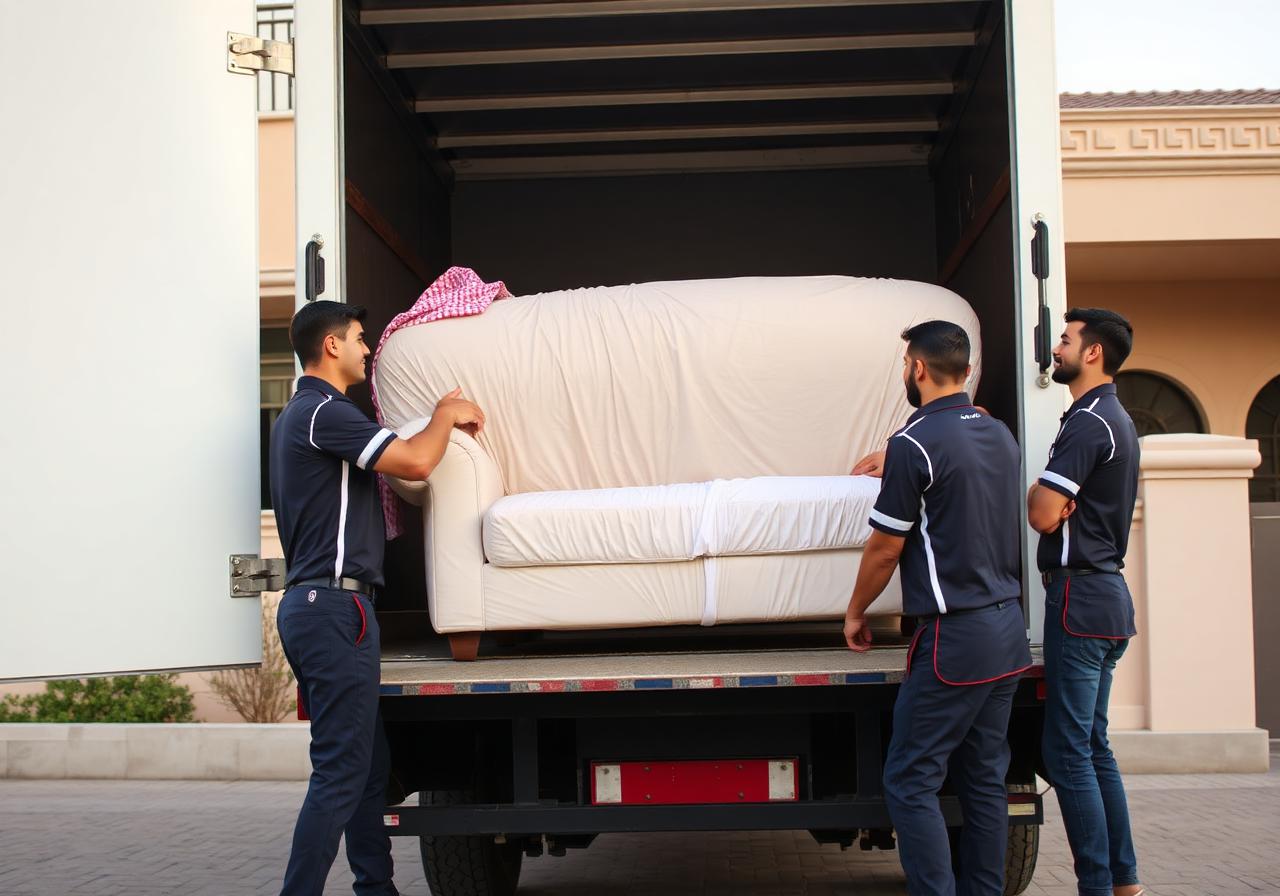 تحميل كنبة مغلفة في سيارة نقل أمام فيلا بالرياض